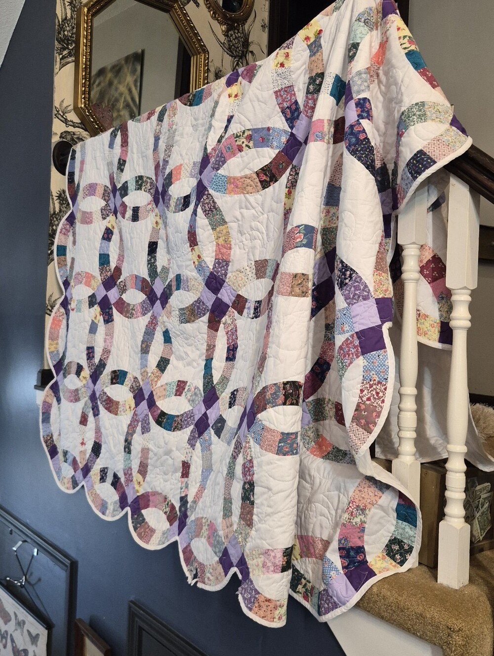 Handmade Double Wedding Ring Quilt in White with Multicolor Rings 80"×86"